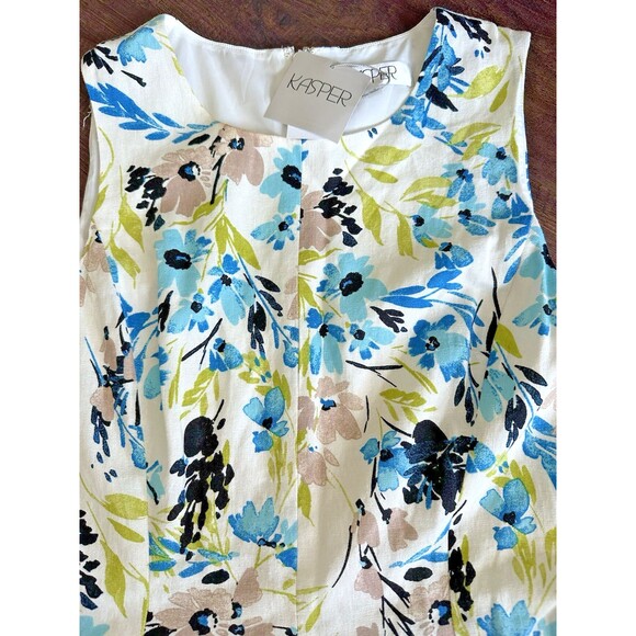 Kasper Women's Linen-Blend Printed Sleeveless Flared-Skirt Dress White Multi 16 - Picture 8 of 14